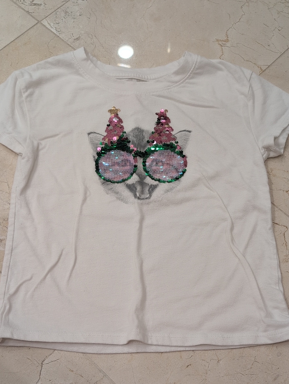 Kids Cat & Jack White Tee with Pink and Green Sequin Cat Design Size 6